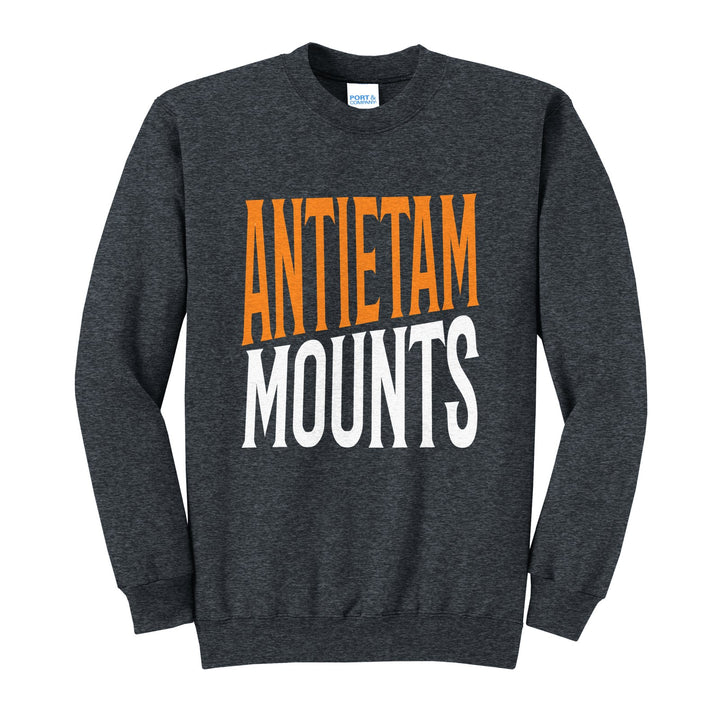 Antietam Mountaineers Block Stack crewneck sweatshirt in Dark Heather Grey: tall ANTIETAM stacked over MOUNTS in condensed block letters