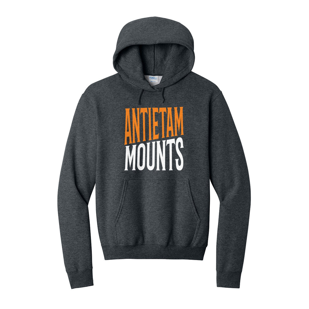 Antietam Mountaineers Block Stack hoodie in Dark Heather Grey: tall ANTIETAM stacked over MOUNTS in condensed block letters