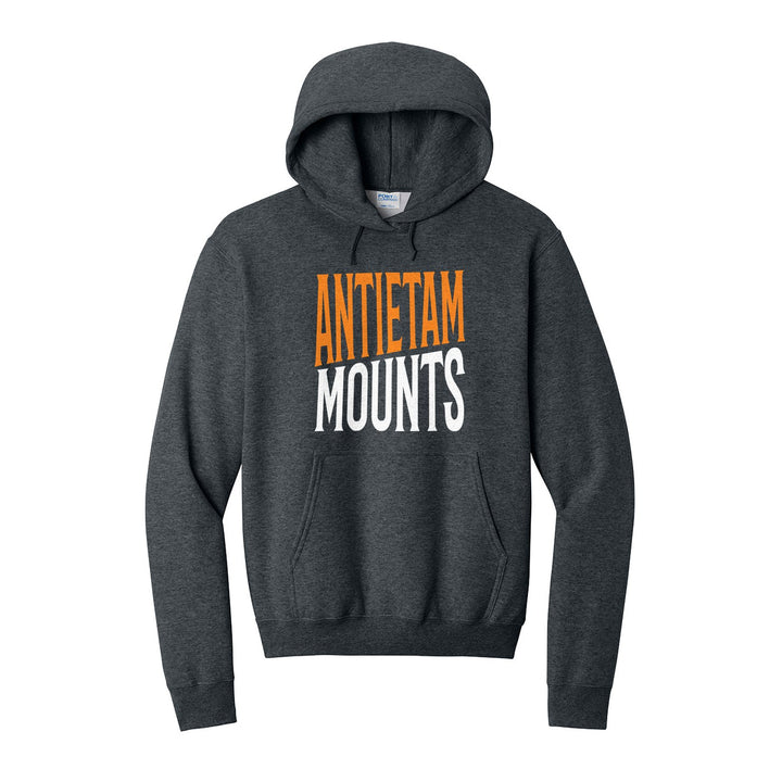 Antietam Mountaineers Block Stack hoodie in Dark Heather Grey: tall ANTIETAM stacked over MOUNTS in condensed block letters