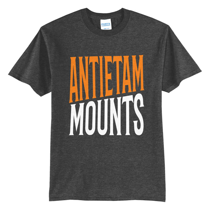 Antietam Mountaineers Block Stack t-shirt in Dark Heather Grey: tall ANTIETAM stacked over MOUNTS in condensed block letters