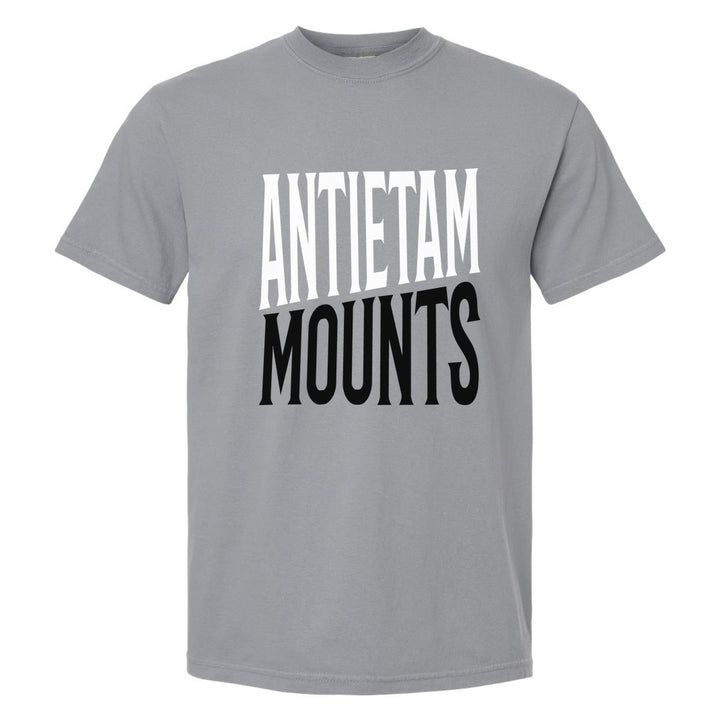 Antietam Mountaineers Block Stack comfort colors t-shirt in Granite: tall ANTIETAM stacked over MOUNTS in condensed block letters