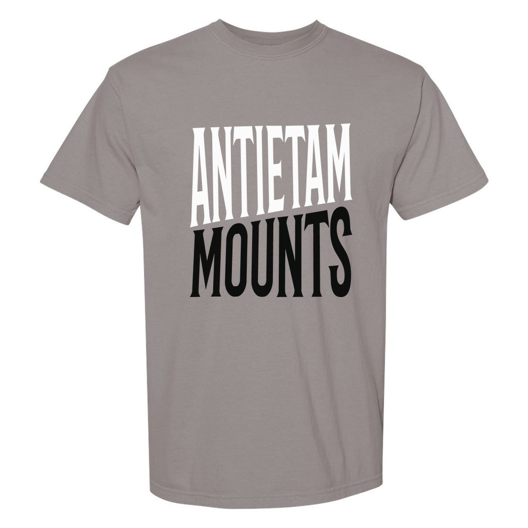 Antietam Mountaineers Block Stack comfort colors t-shirt in Grey: tall ANTIETAM stacked over MOUNTS in condensed block letters
