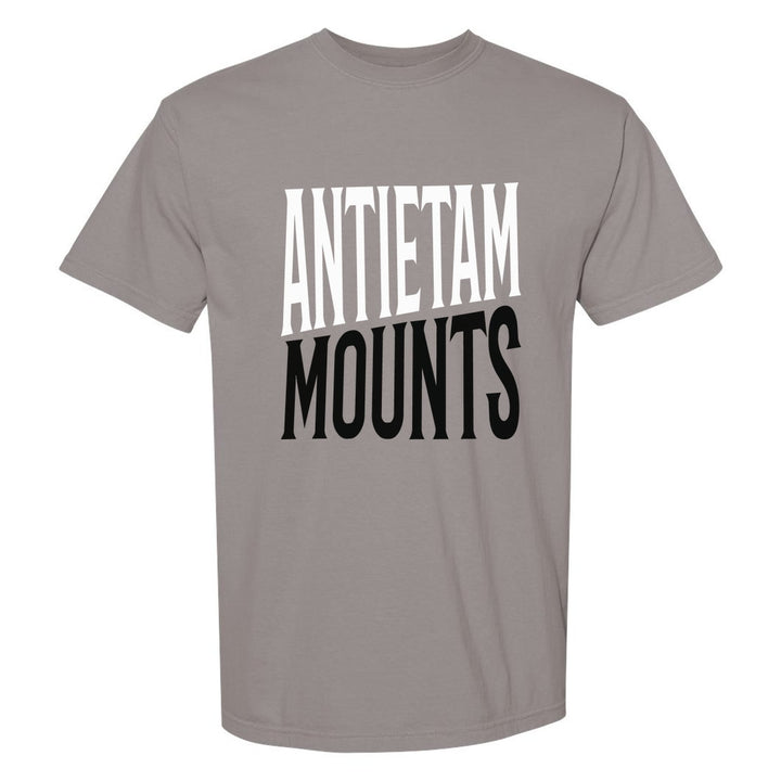 Antietam Mountaineers Block Stack comfort colors t-shirt in Grey: tall ANTIETAM stacked over MOUNTS in condensed block letters