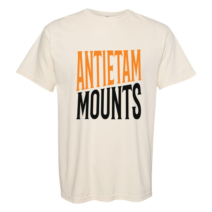 Antietam Mountaineers Block Stack comfort colors t-shirt in Ivory: tall ANTIETAM stacked over MOUNTS in condensed block letters