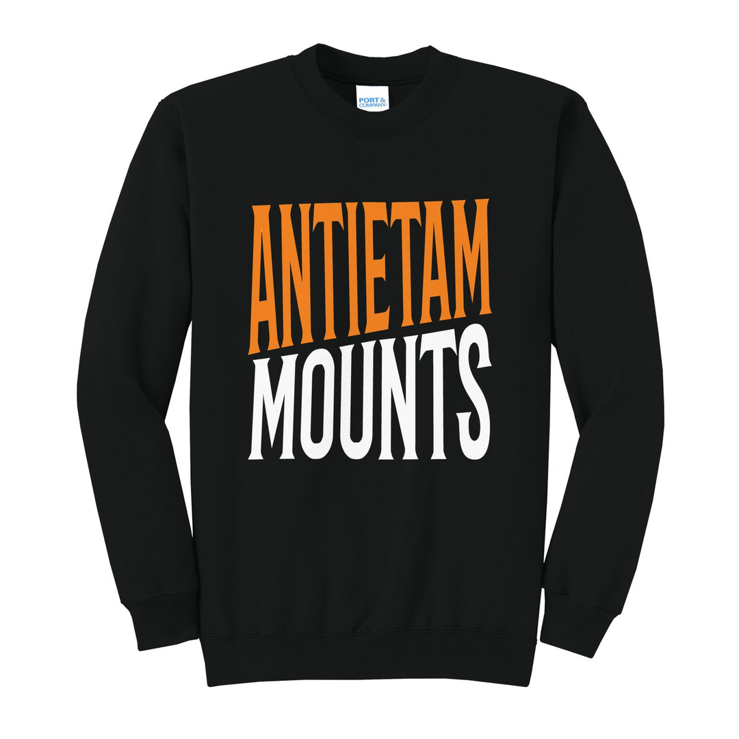 Antietam Mountaineers Block Stack crewneck sweatshirt in Jet Black: tall ANTIETAM stacked over MOUNTS in condensed block letters