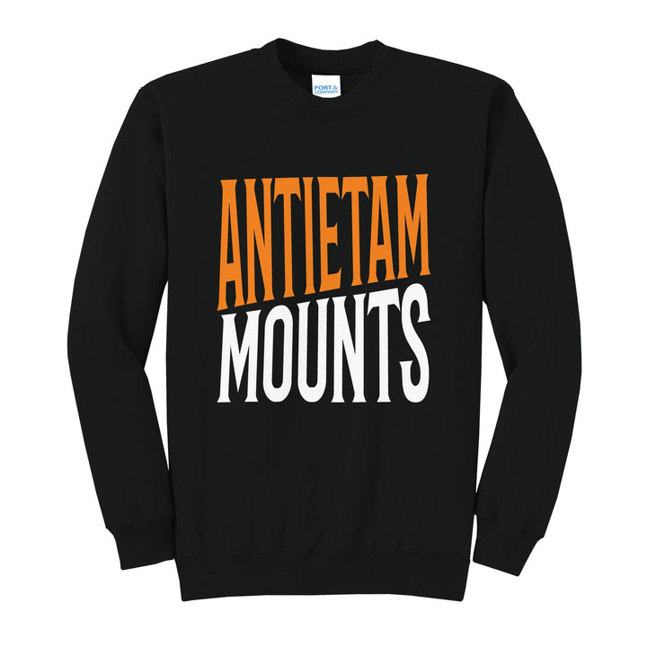 Antietam Mountaineers Block Stack crewneck sweatshirt in Jet Black: tall ANTIETAM stacked over MOUNTS in condensed block letters