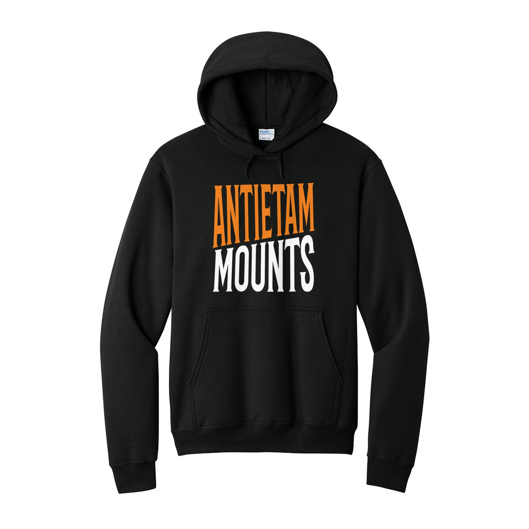 Antietam Mountaineers Block Stack hoodie in Jet Black: tall ANTIETAM stacked over MOUNTS in condensed block letters