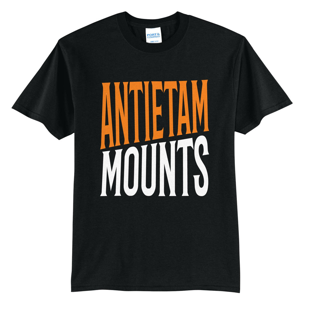 Antietam Mountaineers Block Stack t-shirt in Jet Black: tall ANTIETAM stacked over MOUNTS in condensed block letters
