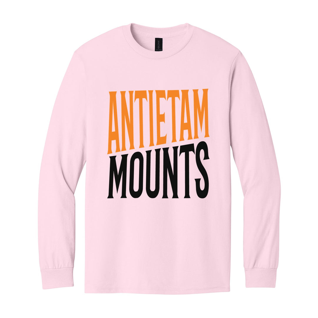 Antietam Mountaineers Block Stack long sleeve t-shirt in Light Pink: tall ANTIETAM stacked over MOUNTS in condensed block letters