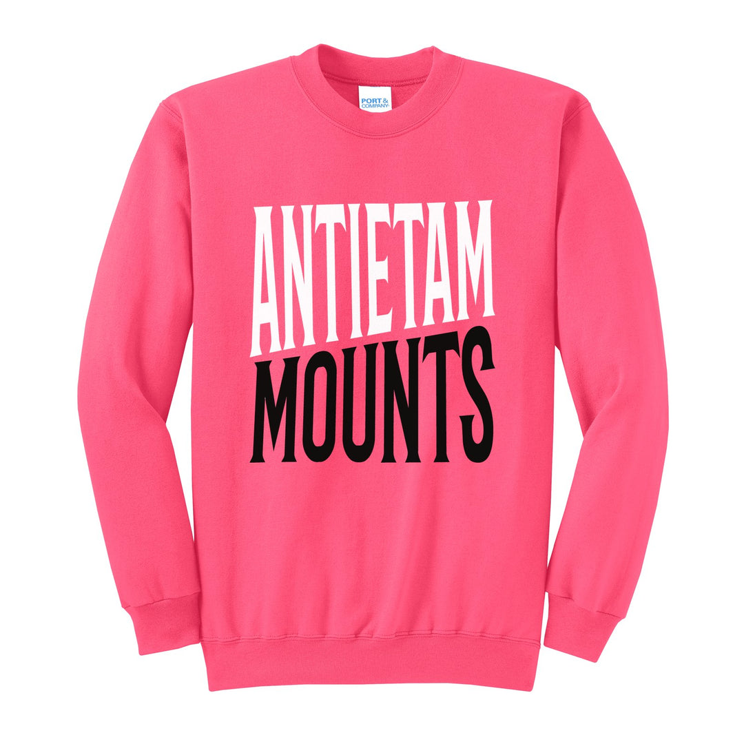 Antietam Mountaineers Block Stack crewneck sweatshirt in Neon Pink: tall ANTIETAM stacked over MOUNTS in condensed block letters