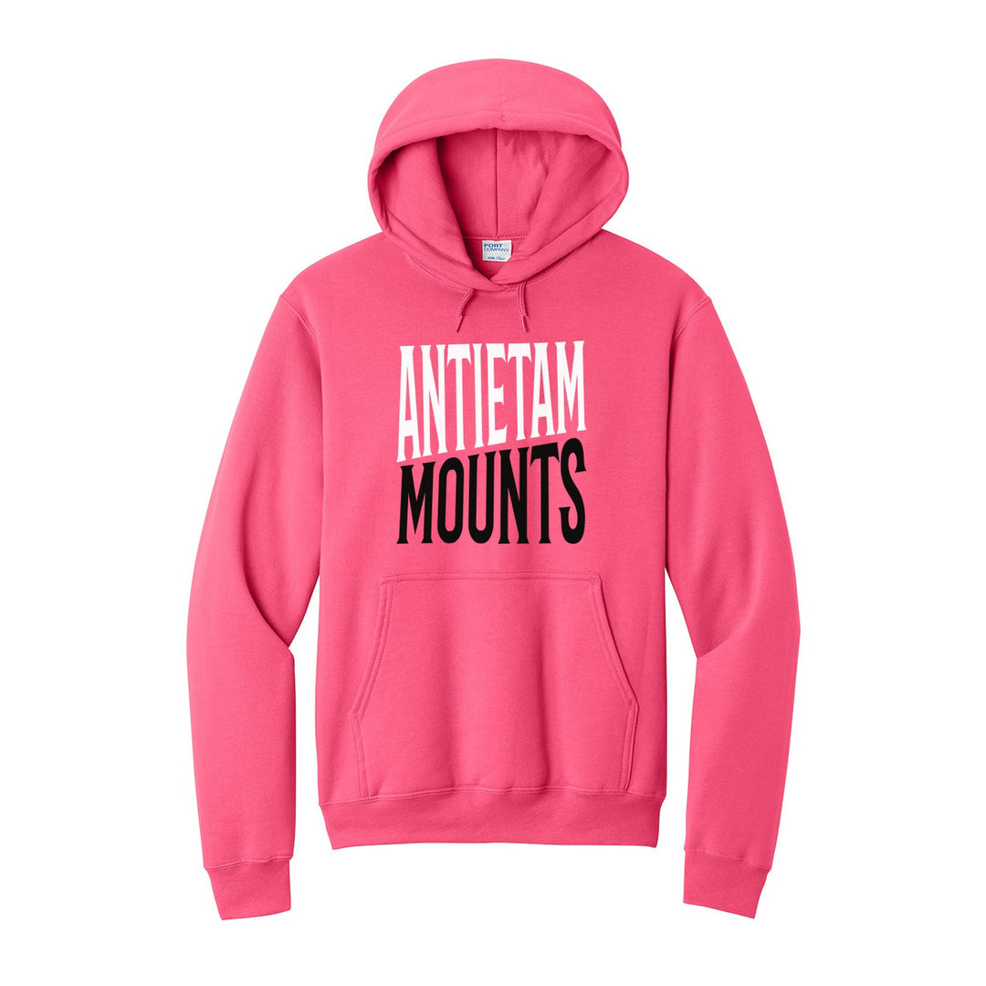 Antietam Mountaineers Block Stack hoodie in Neon Pink: tall ANTIETAM stacked over MOUNTS in condensed block letters