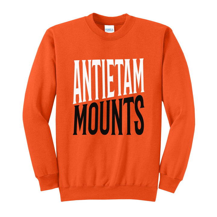 Antietam Mountaineers Block Stack crewneck sweatshirt in Orange: tall ANTIETAM stacked over MOUNTS in condensed block letters