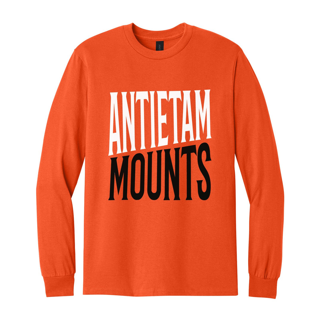 Antietam Mountaineers Block Stack long sleeve t-shirt in Orange: tall ANTIETAM stacked over MOUNTS in condensed block letters