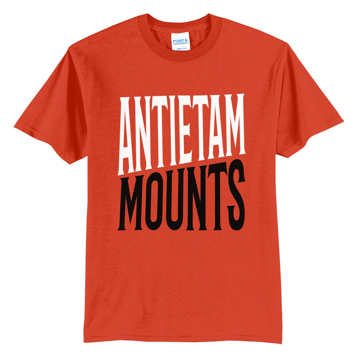 Antietam Mountaineers Block Stack t-shirt in Orange: tall ANTIETAM stacked over MOUNTS in condensed block letters