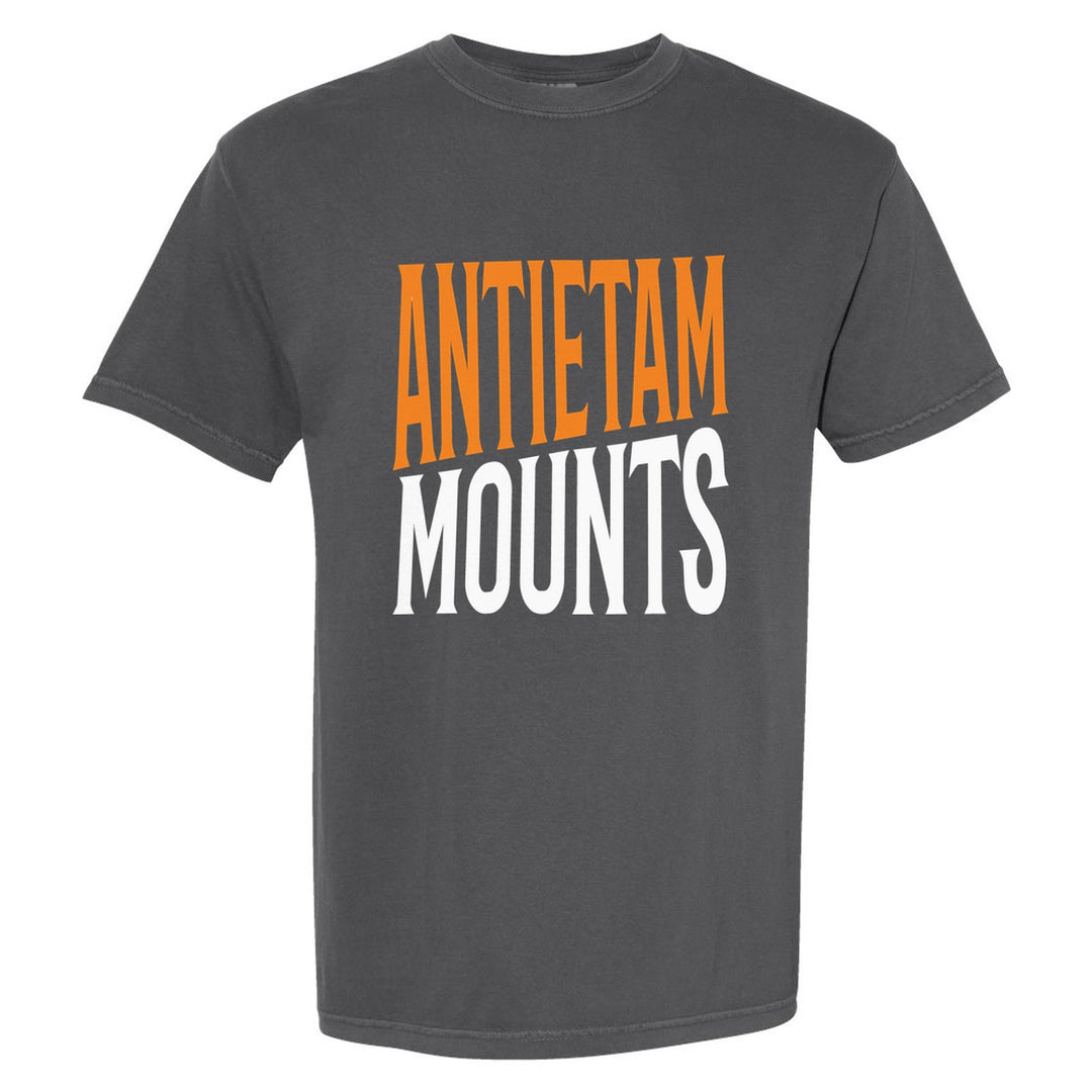 Antietam Mountaineers Block Stack comfort colors t-shirt in Pepper: tall ANTIETAM stacked over MOUNTS in condensed block letters