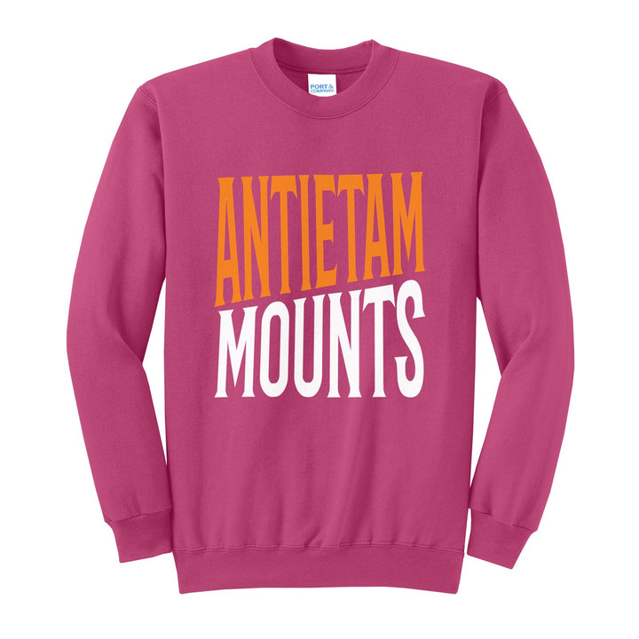 Antietam Mountaineers Block Stack crewneck sweatshirt in Sangria: tall ANTIETAM stacked over MOUNTS in condensed block letters