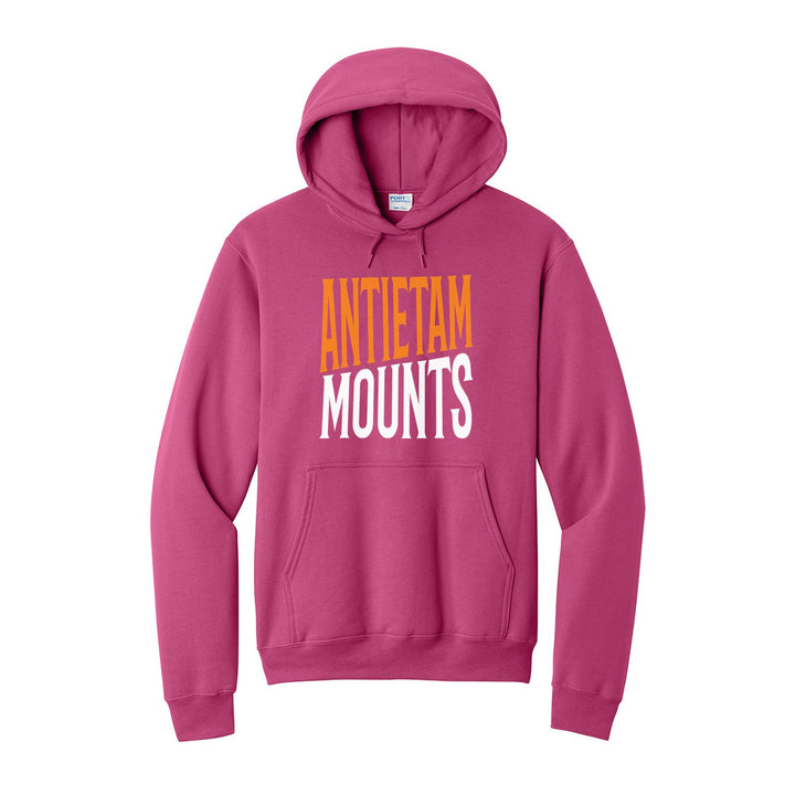 Antietam Mountaineers Block Stack hoodie in Sangria: tall ANTIETAM stacked over MOUNTS in condensed block letters