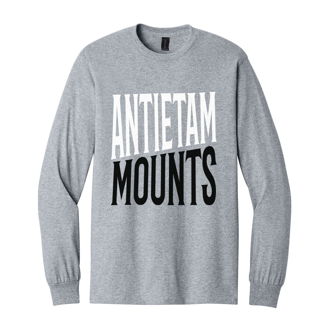 Antietam Mountaineers Block Stack long sleeve t-shirt in Sport Grey: tall ANTIETAM stacked over MOUNTS in condensed block letters