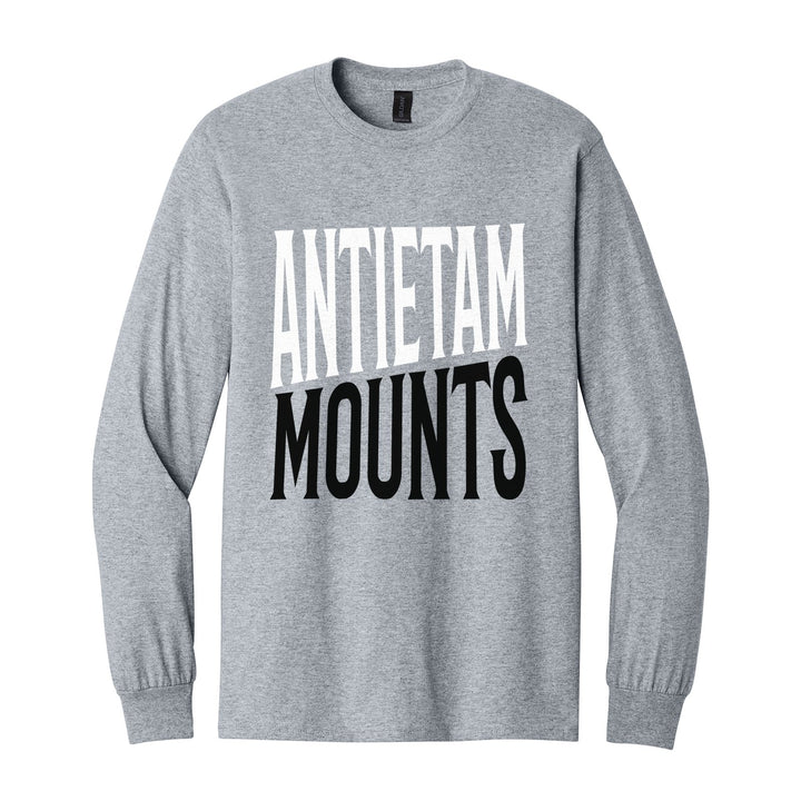 Antietam Mountaineers Block Stack long sleeve t-shirt in Sport Grey: tall ANTIETAM stacked over MOUNTS in condensed block letters