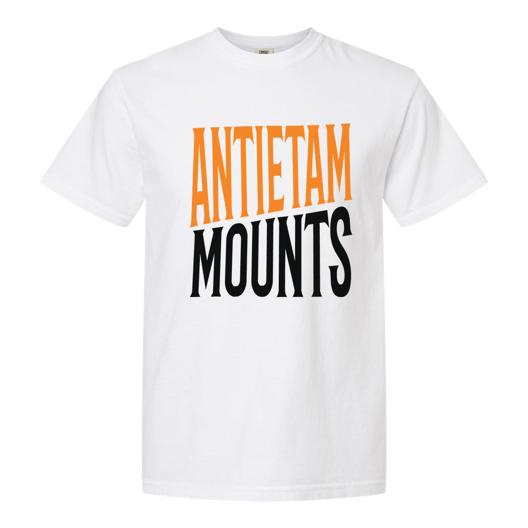 Antietam Mountaineers Block Stack comfort colors t-shirt in White: tall ANTIETAM stacked over MOUNTS in condensed block letters