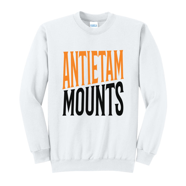 Antietam Mountaineers Block Stack crewneck sweatshirt in White: tall ANTIETAM stacked over MOUNTS in condensed block letters