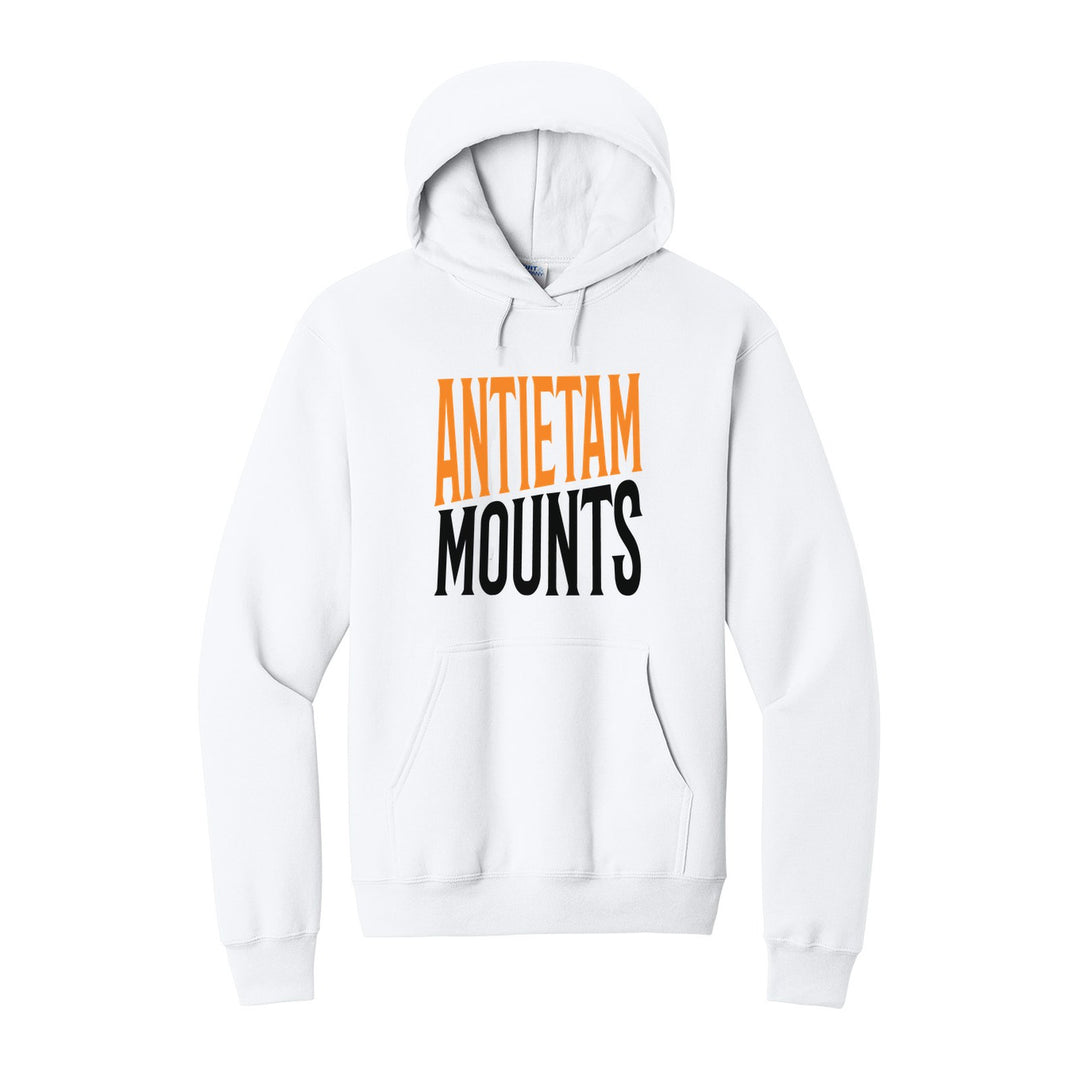 Antietam Mountaineers Block Stack hoodie in White: tall ANTIETAM stacked over MOUNTS in condensed block letters