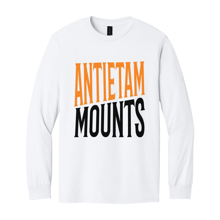 Antietam Mountaineers Block Stack long sleeve t-shirt in White: tall ANTIETAM stacked over MOUNTS in condensed block letters