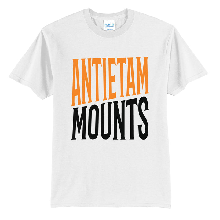 Antietam Mountaineers Block Stack t-shirt in White: tall ANTIETAM stacked over MOUNTS in condensed block letters