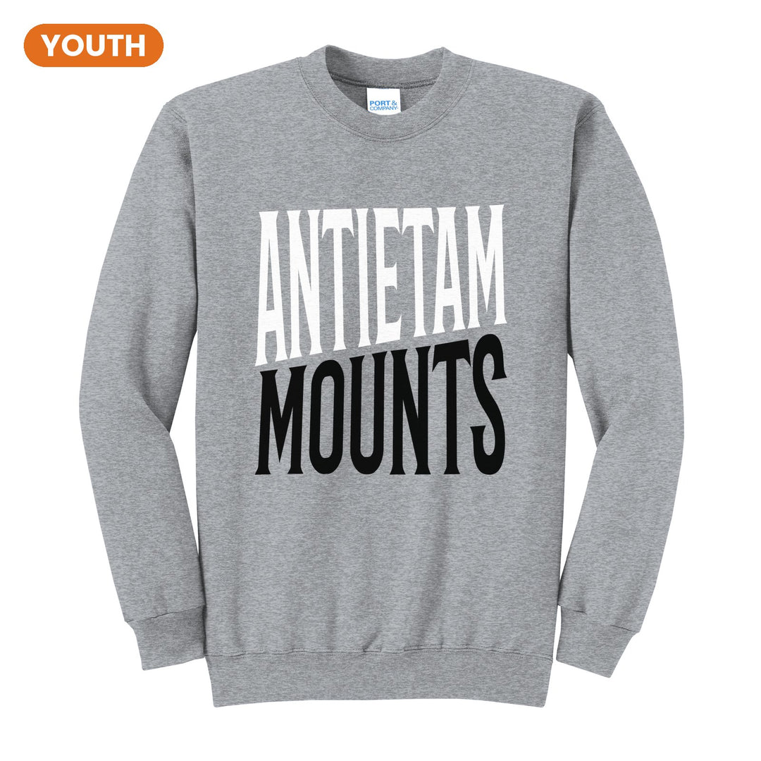 Antietam Mountaineers Block Stack youth crewneck sweatshirt in Athletic Heather: tall ANTIETAM stacked over MOUNTS in condensed block letters