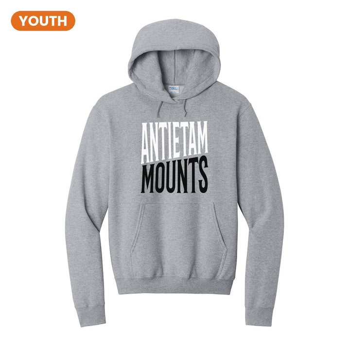 Antietam Mountaineers Block Stack youth hoodie in Athletic Heather: tall ANTIETAM stacked over MOUNTS in condensed block letters