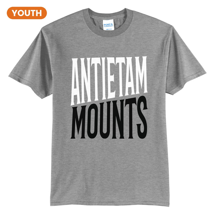 Antietam Mountaineers Block Stack youth t-shirt in Athletic Heather: tall ANTIETAM stacked over MOUNTS in condensed block letters
