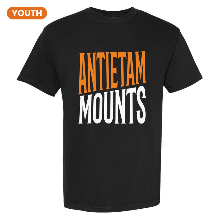 Antietam Mountaineers Block Stack youth comfort colors t-shirt in Black: tall ANTIETAM stacked over MOUNTS in condensed block letters