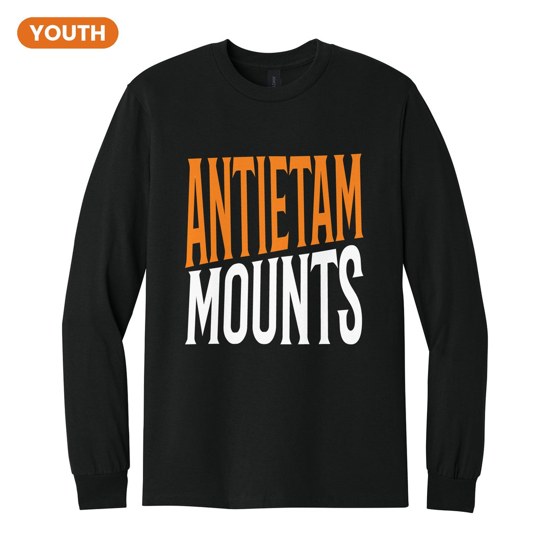 Antietam Mountaineers Block Stack youth long sleeve t-shirt in Black: tall ANTIETAM stacked over MOUNTS in condensed block letters
