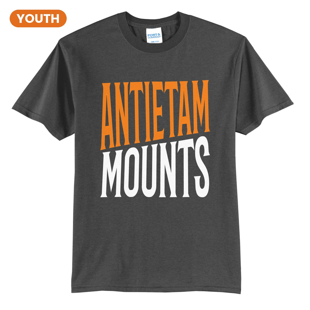 Antietam Mountaineers Block Stack youth t-shirt in Charcoal: tall ANTIETAM stacked over MOUNTS in condensed block letters
