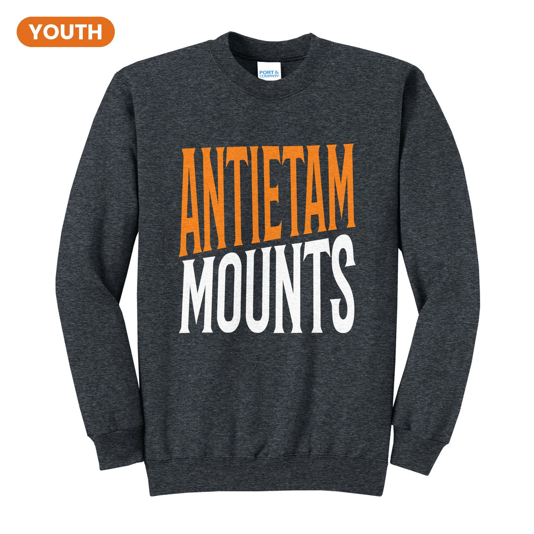 Antietam Mountaineers Block Stack youth crewneck sweatshirt in Dark Heather Grey: tall ANTIETAM stacked over MOUNTS in condensed block letters