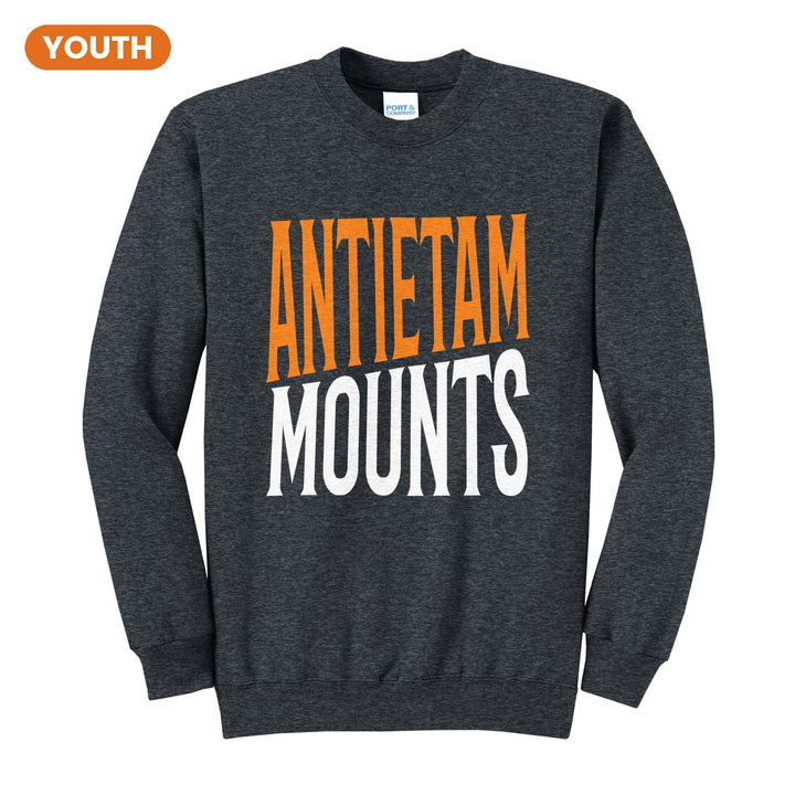 Antietam Mountaineers Block Stack youth crewneck sweatshirt in Dark Heather Grey: tall ANTIETAM stacked over MOUNTS in condensed block letters