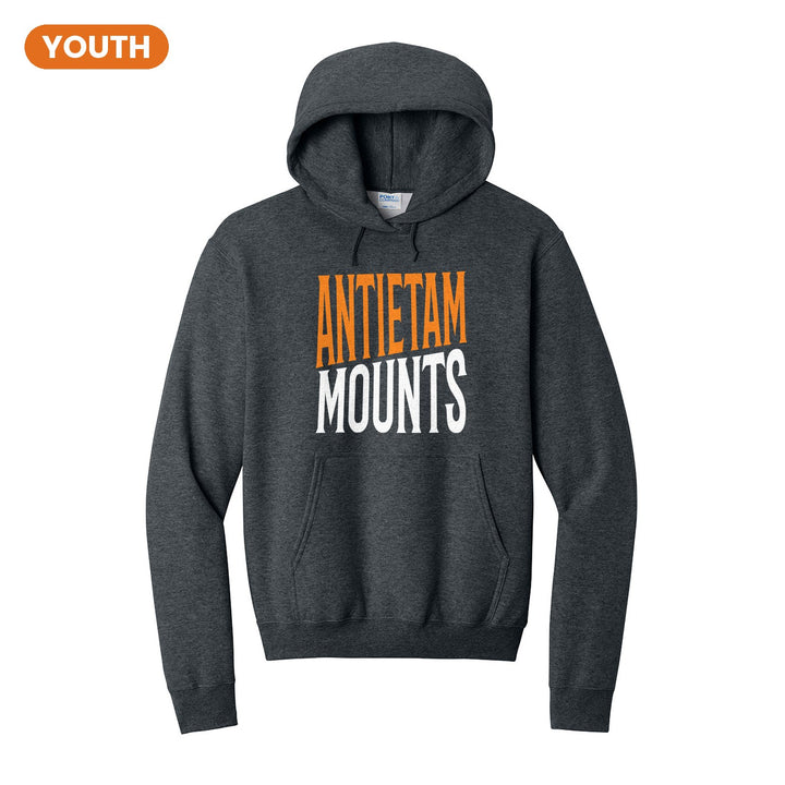Antietam Mountaineers Block Stack youth hoodie in Dark Heather Grey: tall ANTIETAM stacked over MOUNTS in condensed block letters