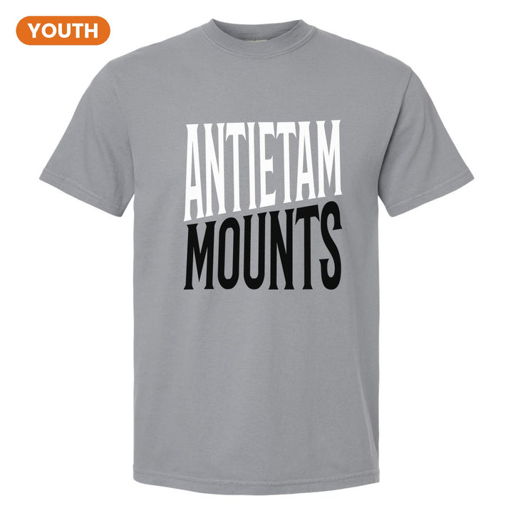 Antietam Mountaineers Block Stack youth comfort colors t-shirt in Granite: tall ANTIETAM stacked over MOUNTS in condensed block letters