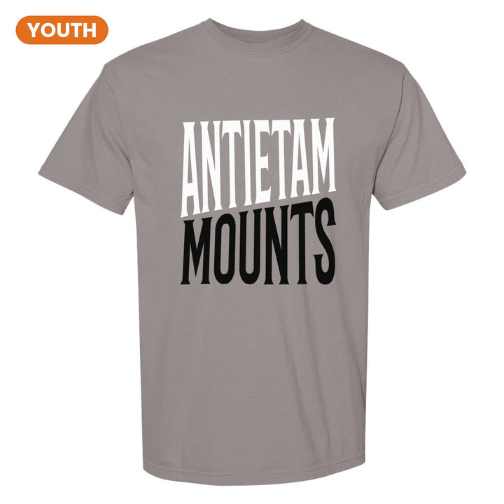 Antietam Mountaineers Block Stack youth comfort colors t-shirt in Grey: tall ANTIETAM stacked over MOUNTS in condensed block letters