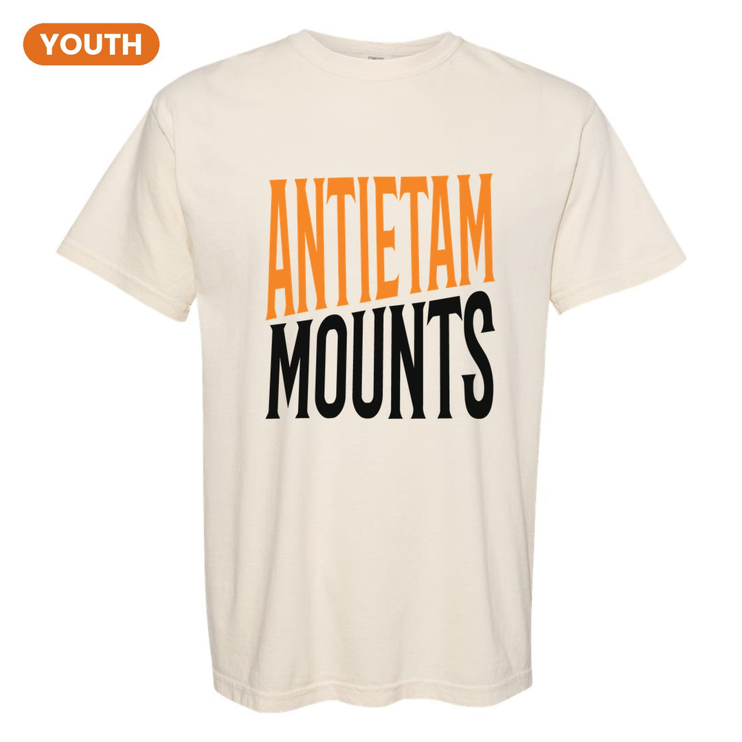 Antietam Mountaineers Block Stack youth comfort colors t-shirt in Ivory: tall ANTIETAM stacked over MOUNTS in condensed block letters