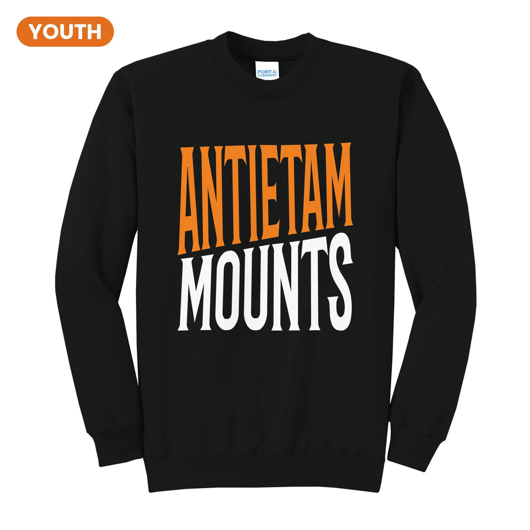 Antietam Mountaineers Block Stack youth crewneck sweatshirt in Jet Black: tall ANTIETAM stacked over MOUNTS in condensed block letters