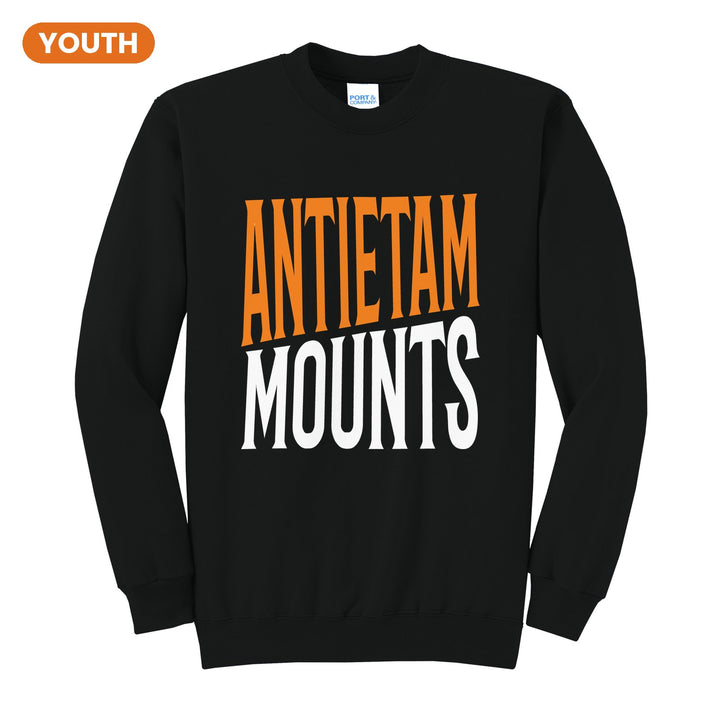 Antietam Mountaineers Block Stack youth crewneck sweatshirt in Jet Black: tall ANTIETAM stacked over MOUNTS in condensed block letters
