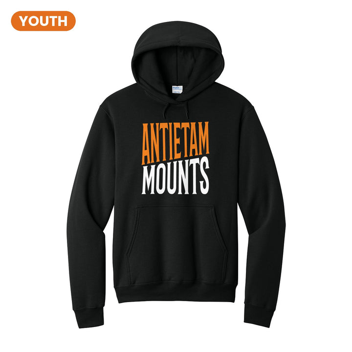 Antietam Mountaineers Block Stack youth hoodie in Jet Black: tall ANTIETAM stacked over MOUNTS in condensed block letters