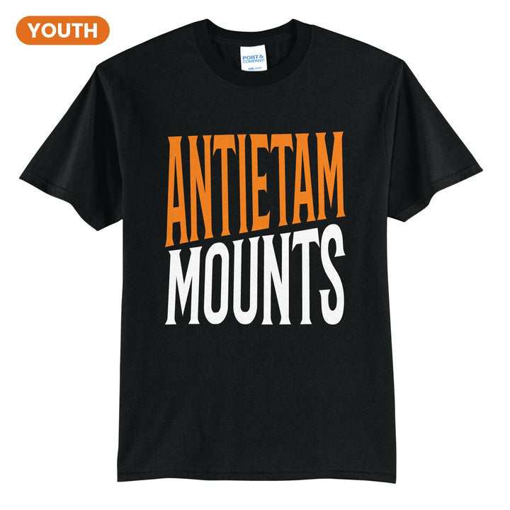 Antietam Mountaineers Block Stack youth t-shirt in Jet Black: tall ANTIETAM stacked over MOUNTS in condensed block letters