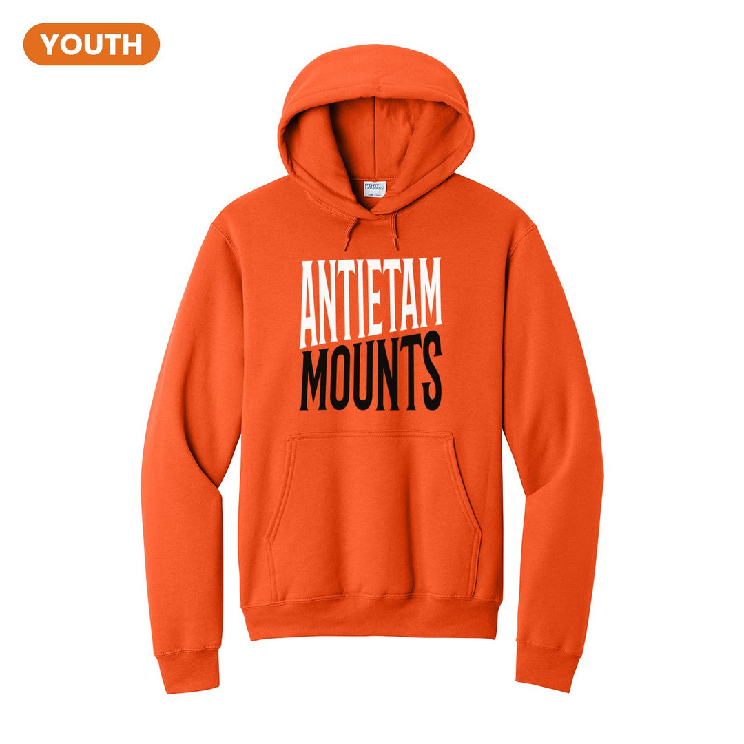 Antietam Mountaineers Block Stack youth hoodie in Orange: tall ANTIETAM stacked over MOUNTS in condensed block letters
