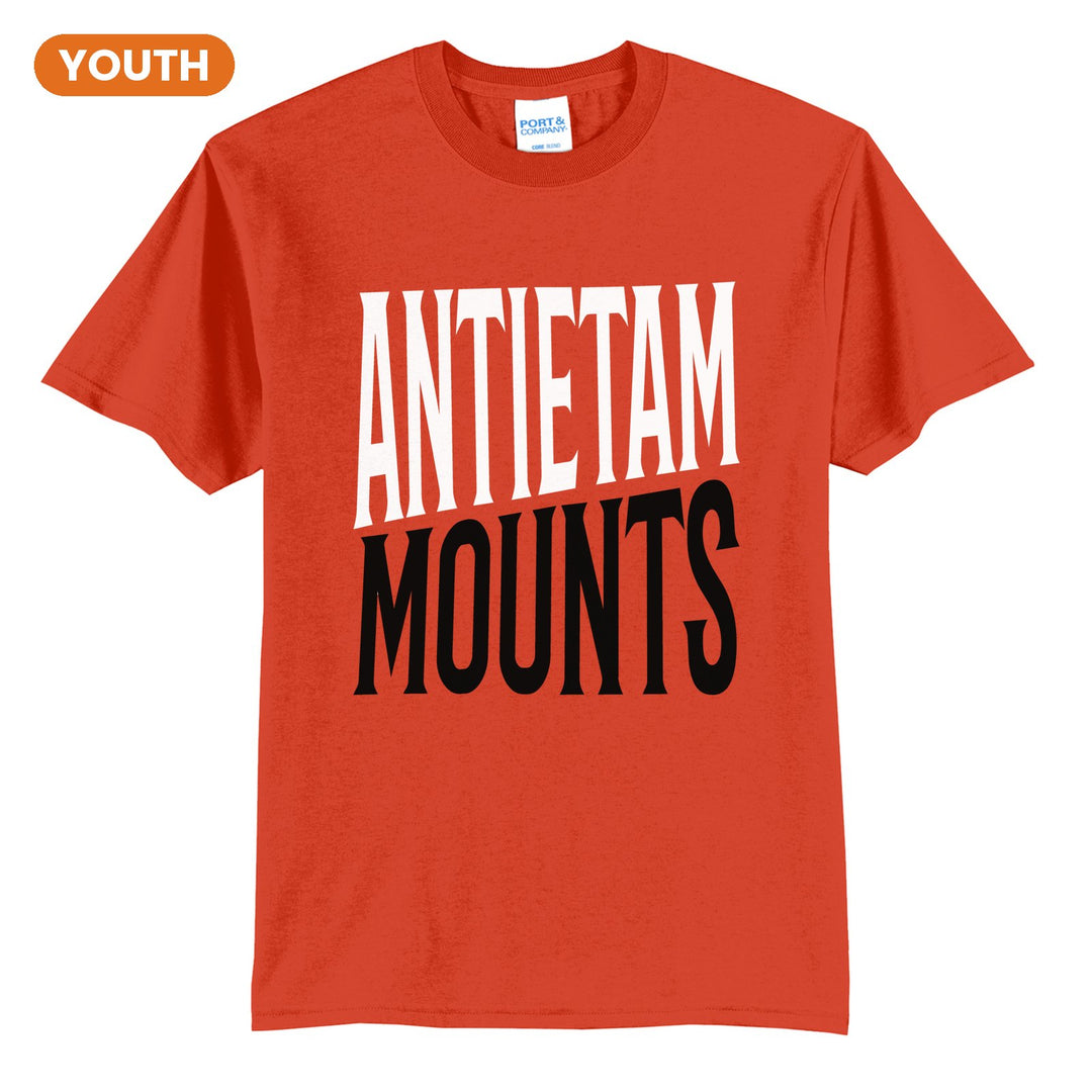 Antietam Mountaineers Block Stack youth t-shirt in Orange: tall ANTIETAM stacked over MOUNTS in condensed block letters