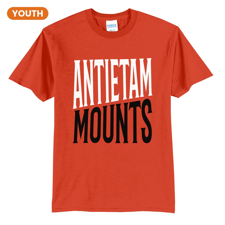 Antietam Mountaineers Block Stack youth t-shirt in Orange: tall ANTIETAM stacked over MOUNTS in condensed block letters