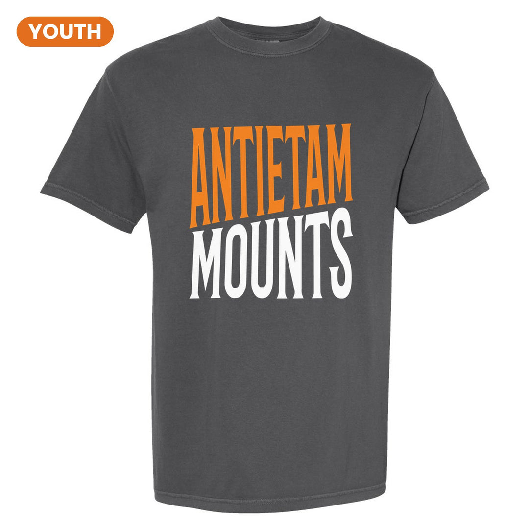 Antietam Mountaineers Block Stack youth comfort colors t-shirt in Pepper: tall ANTIETAM stacked over MOUNTS in condensed block letters