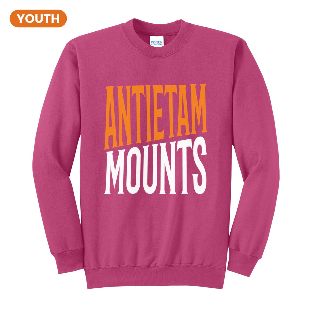 Antietam Mountaineers Block Stack youth crewneck sweatshirt in Sangria: tall ANTIETAM stacked over MOUNTS in condensed block letters