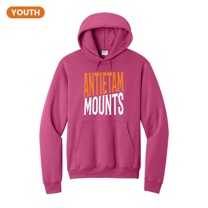 Antietam Mountaineers Block Stack youth hoodie in Sangria: tall ANTIETAM stacked over MOUNTS in condensed block letters